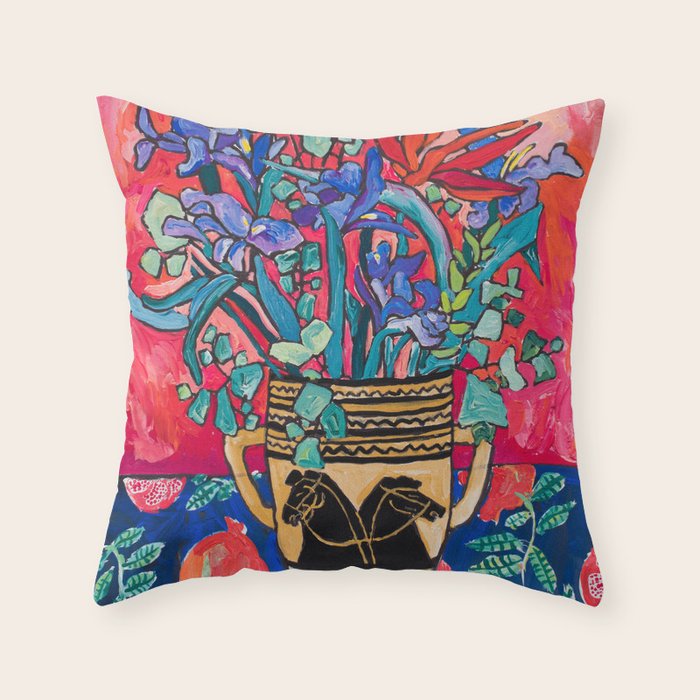 Persephone Painting - Bouquet of Iris and Strelitzia Flowers in Greek Horse Vase Against Coral Pink Throw Pillow Gallery Image 6