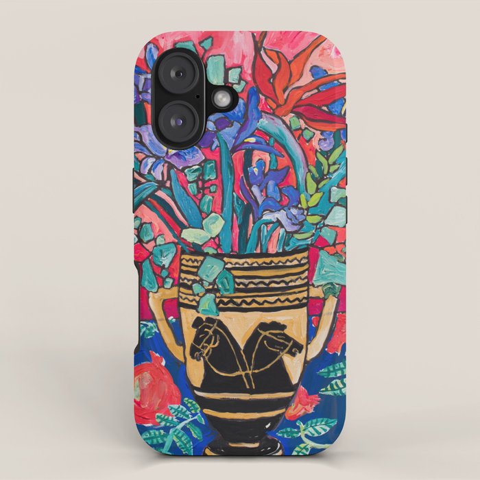 Persephone Painting - Bouquet of Iris and Strelitzia Flowers in Greek Horse Vase Against Coral Pink iPhone Case Gallery Image 1