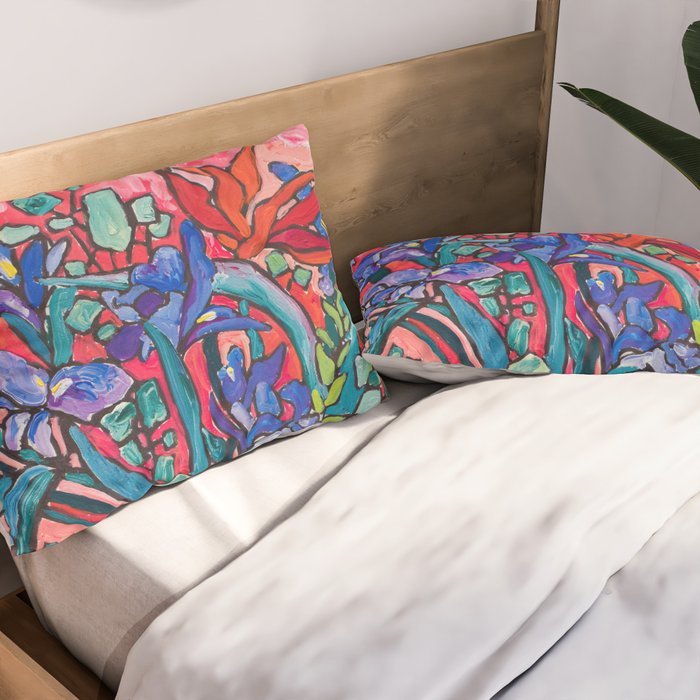 Persephone Painting - Bouquet of Iris and Strelitzia Flowers in Greek Horse Vase Against Coral Pink Pillow Sham Gallery Image 2
