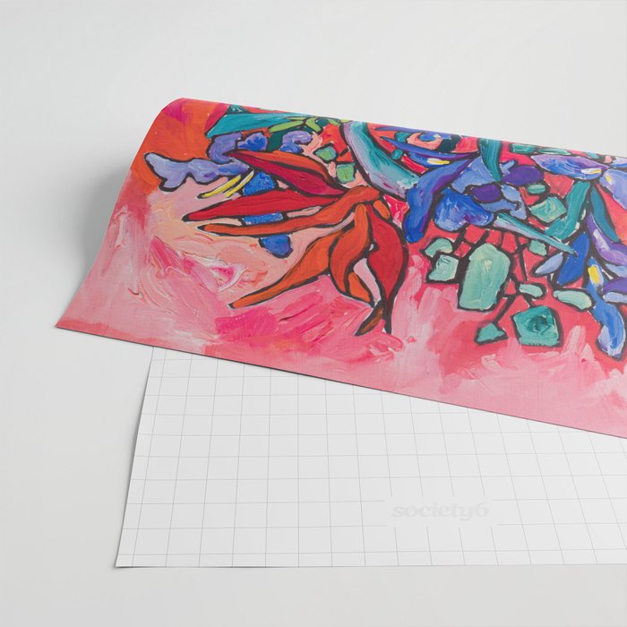 Persephone Painting - Bouquet of Iris and Strelitzia Flowers in Greek Horse Vase Against Coral Pink Wrapping Paper Gallery Image 2
