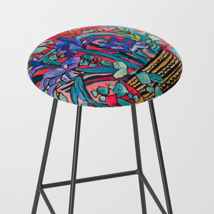 Persephone Painting - Bouquet of Iris and Strelitzia Flowers in Greek Horse Vase Against Coral Pink Stool Gallery Image 2