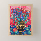 Persephone Painting - Bouquet of Iris and Strelitzia Flowers in Greek Horse Vase Against Coral Pink Mini Art Print Gallery Image 1