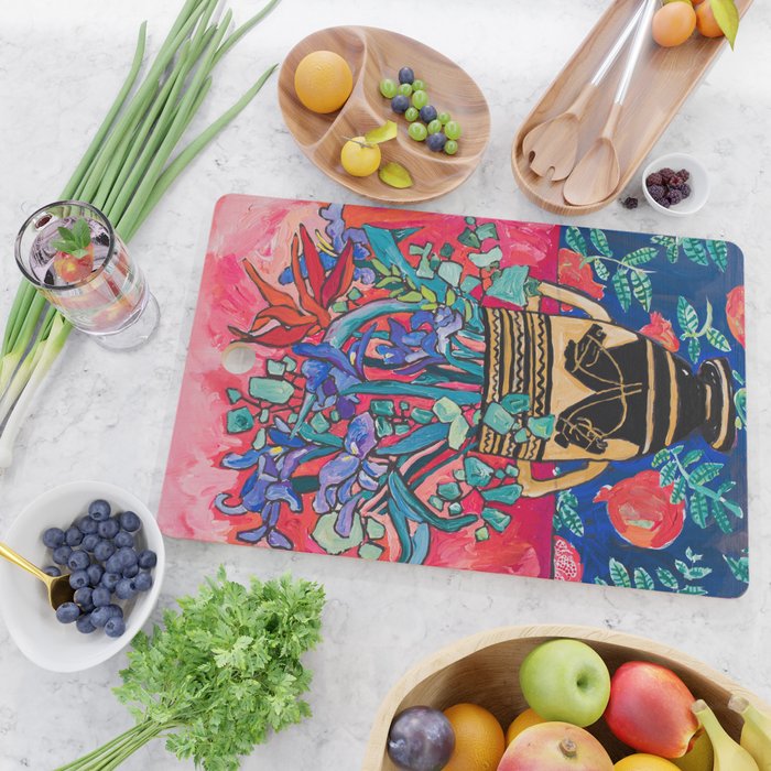 Persephone Painting - Bouquet of Iris and Strelitzia Flowers in Greek Horse Vase Against Coral Pink Cutting Board Gallery Image 2