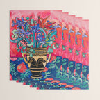 Persephone Painting - Bouquet of Iris and Strelitzia Flowers in Greek Horse Vase Against Coral Pink Wrapping Paper Gallery Image 3