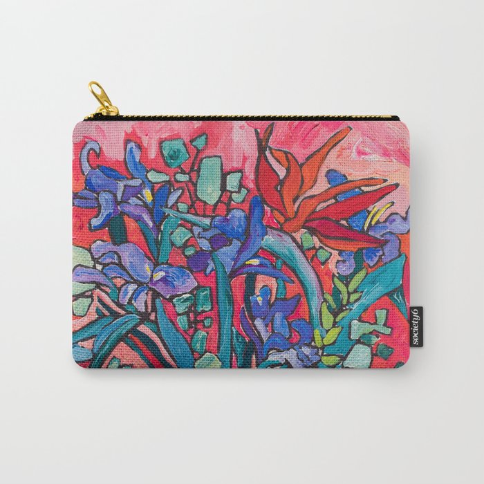 Persephone Painting - Bouquet of Iris and Strelitzia Flowers in Greek Horse Vase Against Coral Pink Carry All Pouch Gallery Image 1