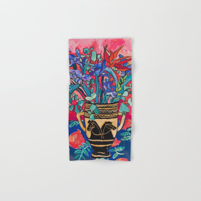 Persephone Painting - Bouquet of Iris and Strelitzia Flowers in Greek Horse Vase Against Coral Pink Towels Gallery Image 1