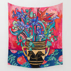 Persephone Painting - Bouquet of Iris and Strelitzia Flowers in Greek Horse Vase Against Coral Pink Wall Tapestry Gallery Image 4