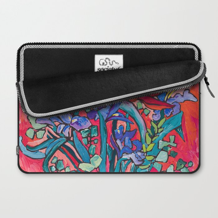 Persephone Painting - Bouquet of Iris and Strelitzia Flowers in Greek Horse Vase Against Coral Pink Laptop Sleeve Gallery Image 2