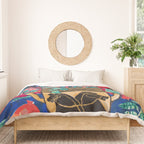 Persephone Painting - Bouquet of Iris and Strelitzia Flowers in Greek Horse Vase Against Coral Pink Duvet Cover Gallery Image 3