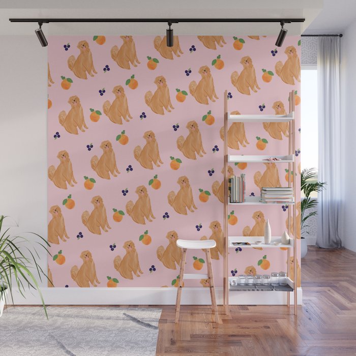 Golden Retriever and Fruits Pink Wall Mural Gallery Image 1