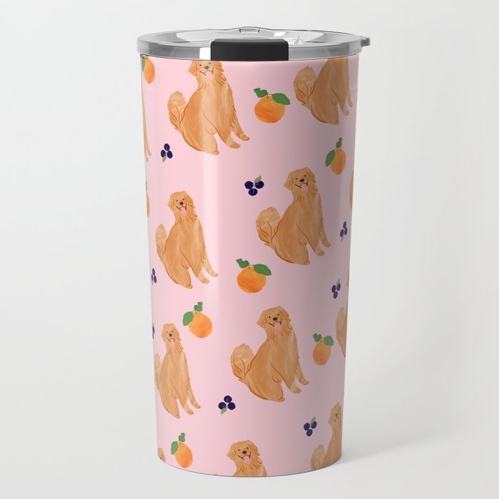 Golden Retriever and Fruits Pink Travel Mug Gallery Image 1