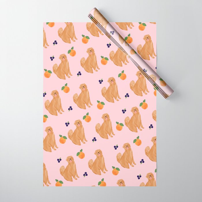 Golden Retriever and Fruits Pink Wrapping Paper Gallery Image 1