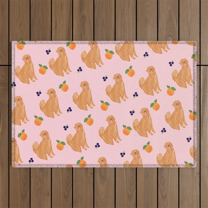 Golden Retriever and Fruits Pink Outdoor Rug Gallery Image 1