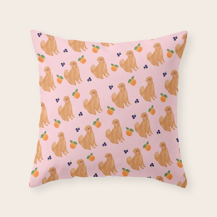 Golden Retriever and Fruits Pink Throw Pillow Gallery Image 6
