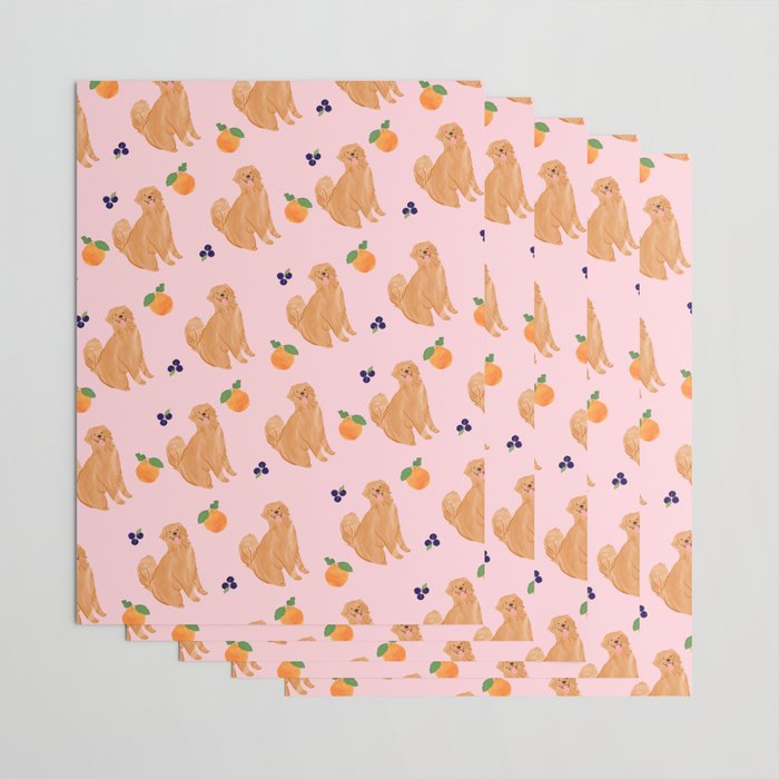 Golden Retriever and Fruits Pink Wrapping Paper Gallery Image 3
