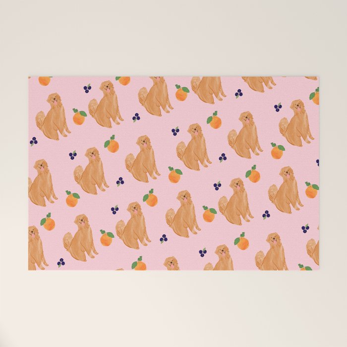 Golden Retriever and Fruits Pink Welcome Mat Gallery Image 1