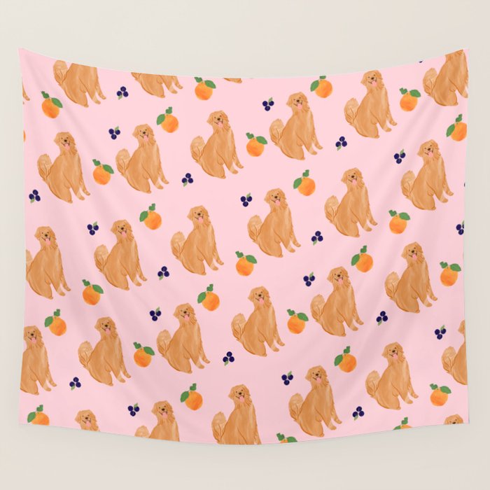 Golden Retriever and Fruits Pink Wall Tapestry Gallery Image 4