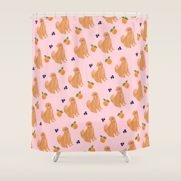 Golden Retriever and Fruits Pink Shower Curtain Gallery Image 1