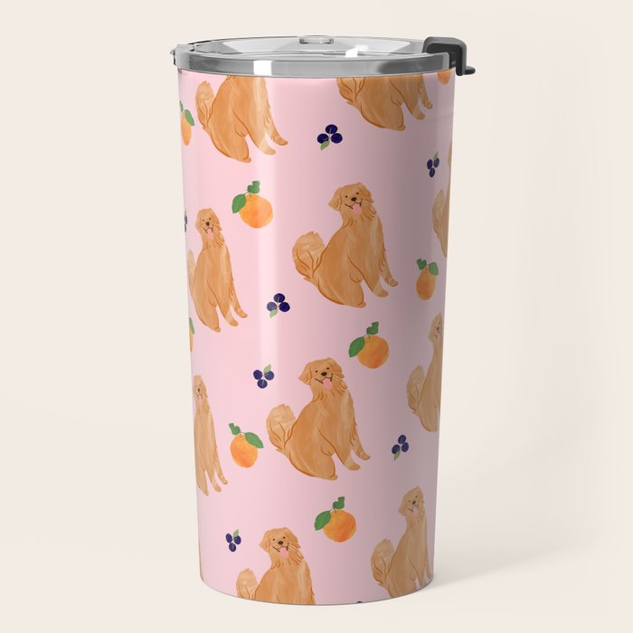 Golden Retriever and Fruits Pink Travel Mug Gallery Image 2
