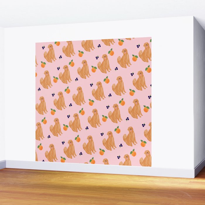 Golden Retriever and Fruits Pink Wall Mural Gallery Image 2