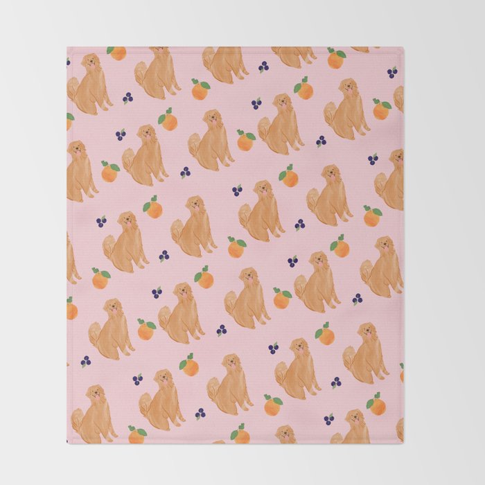 Golden Retriever and Fruits Pink Throw Blanket Gallery Image 2
