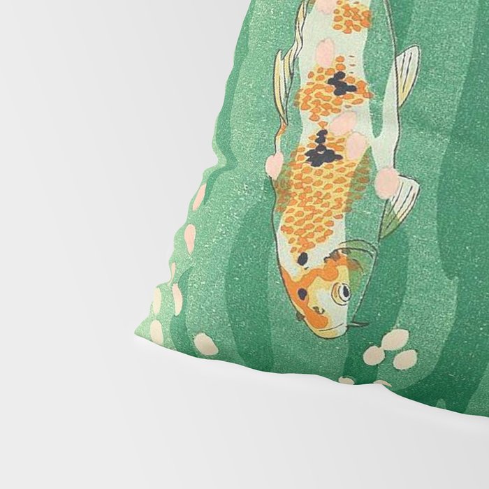 Vintage Japanese Woodblock Print Asian Art Koi Pond Fish Turquoise Green Water Cherry Blossom Pillow Sham Gallery Image 4
