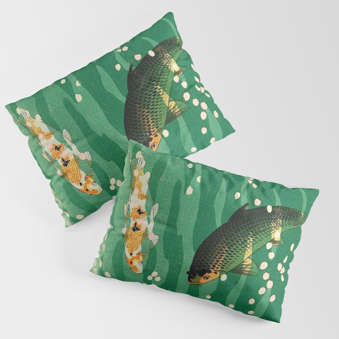 Vintage Japanese Woodblock Print Asian Art Koi Pond Fish Turquoise Green Water Cherry Blossom Pillow Sham Gallery Image 3