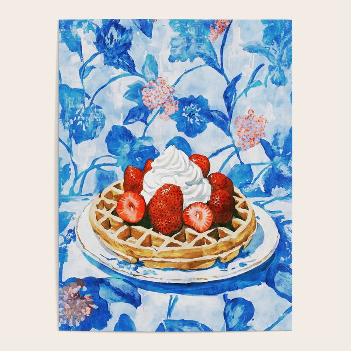 Strawberry Belgian Waffle Breakfast Watercolor Poster Gallery Image 1
