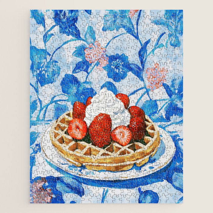 Strawberry Belgian Waffle Breakfast Watercolor Jigsaw Puzzle Gallery Image 1
