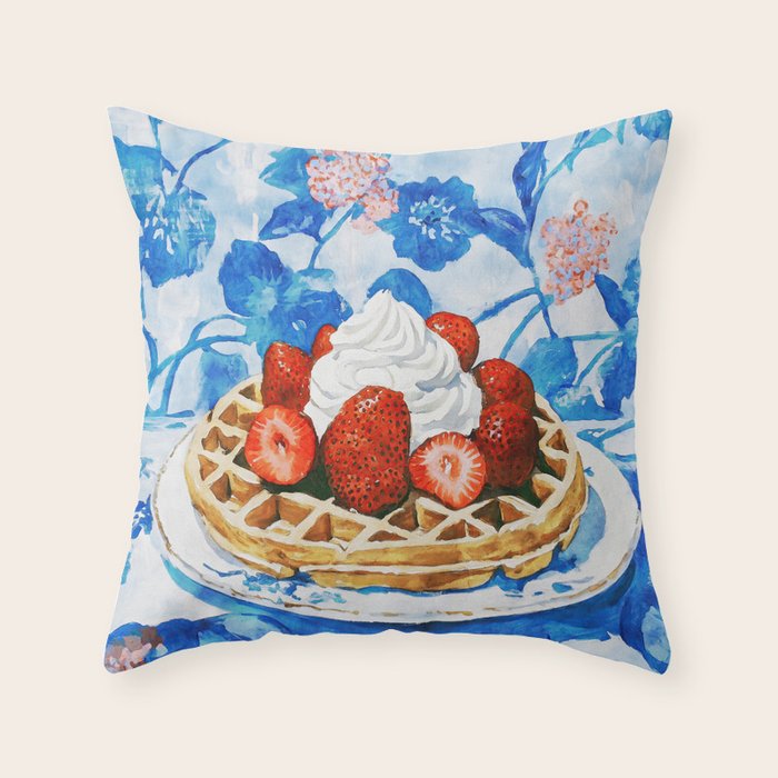Strawberry Belgian Waffle Breakfast Watercolor Throw Pillow Gallery Image 6