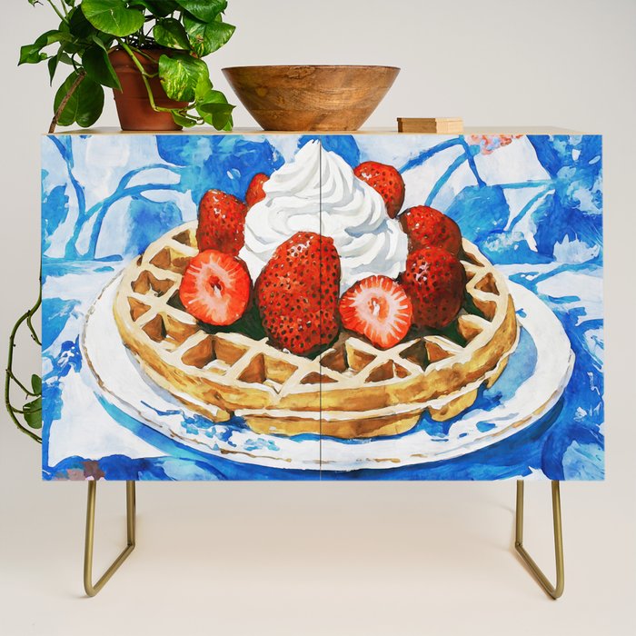 Strawberry Belgian Waffle Breakfast Watercolor Credenza Gallery Image 1