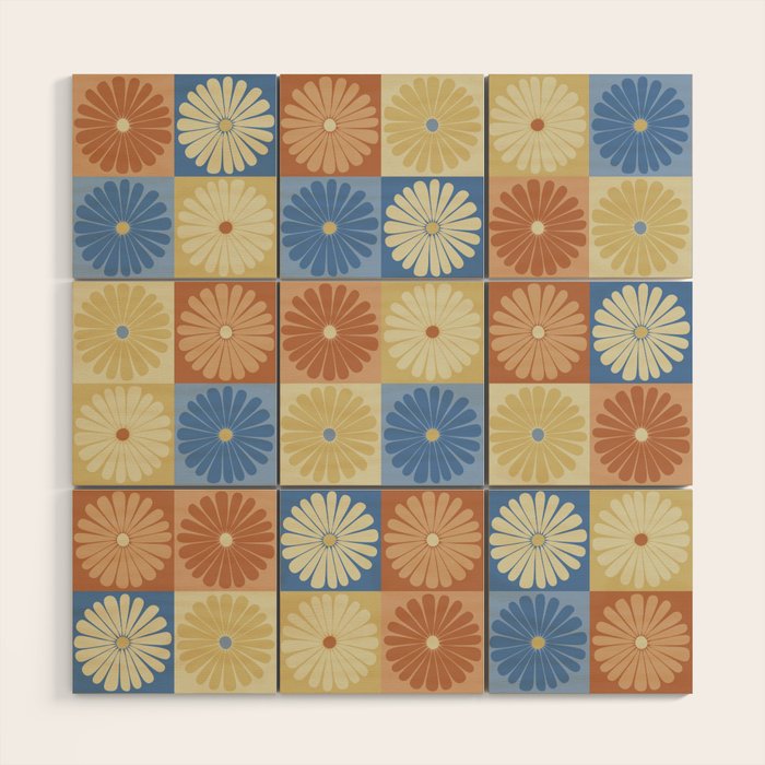 Retro Flowers Check Pattern VIII Wood Wall Art Gallery Image 1