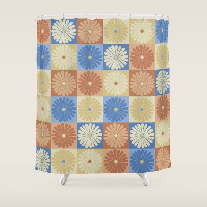 Retro Flowers Check Pattern VIII Shower Curtain Gallery Image 1