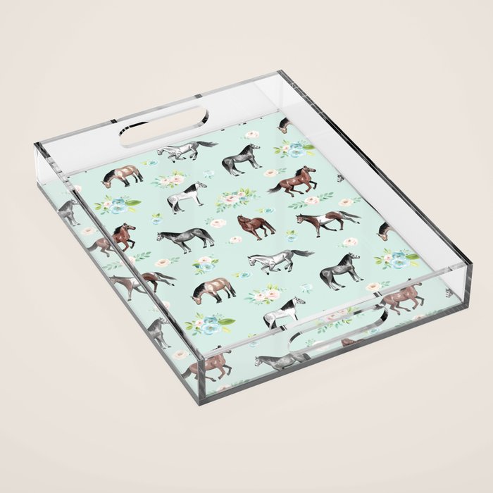 Floral Horse Pattern, Flowers and Horses, Romantic Blue, Horse Decor, Horse Art Acrylic Tray Gallery Image 1