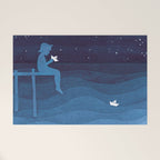 Boy with paper boats, blue Welcome Mat Gallery Image 1