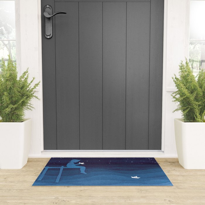 Boy with paper boats, blue Welcome Mat Gallery Image 3