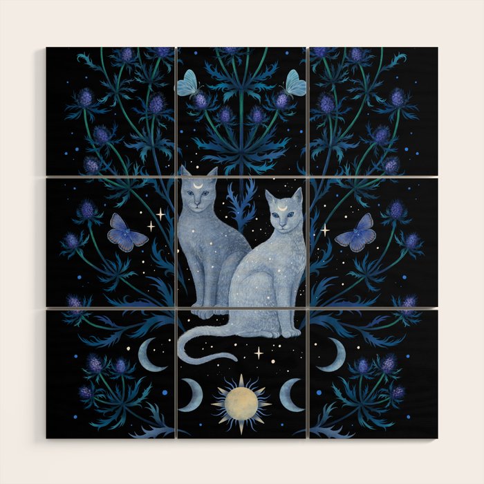 Blue Thistle & Cat Wood Wall Art Gallery Image 1