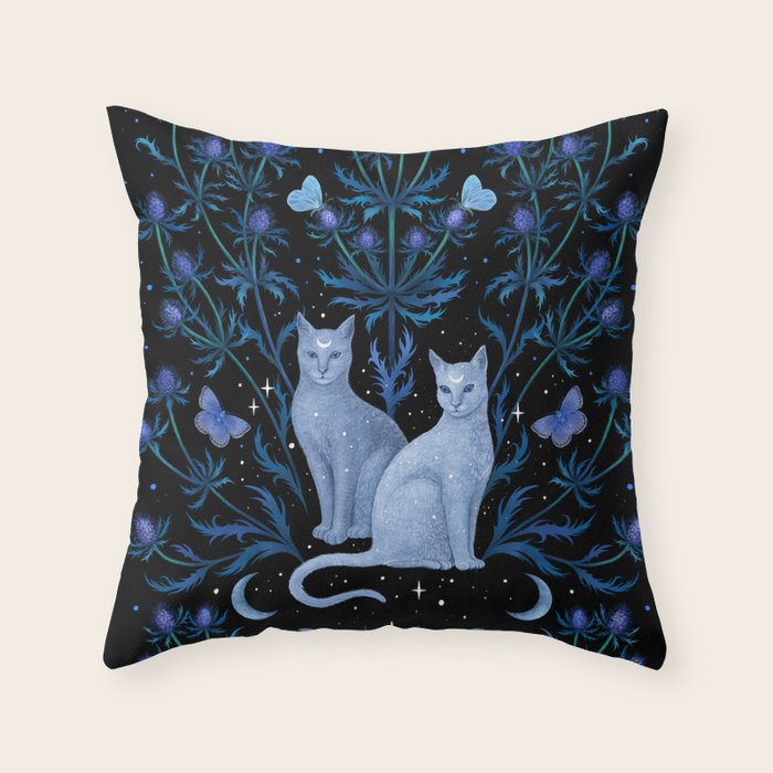 Blue Thistle & Cat Throw Pillow Gallery Image 6