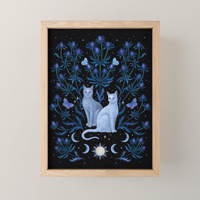Blue Thistle & Cat Mini Art Print Gallery Image 1