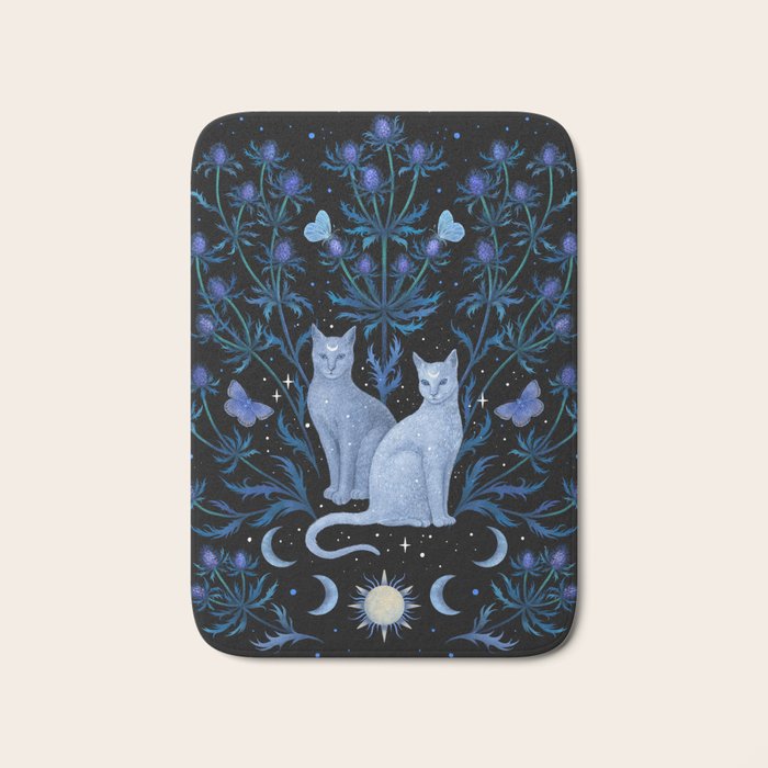 Blue Thistle & Cat Bath Mat Gallery Image 1