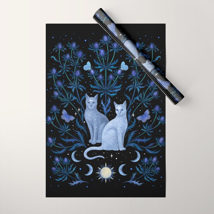 Blue Thistle & Cat Wrapping Paper Gallery Image 1