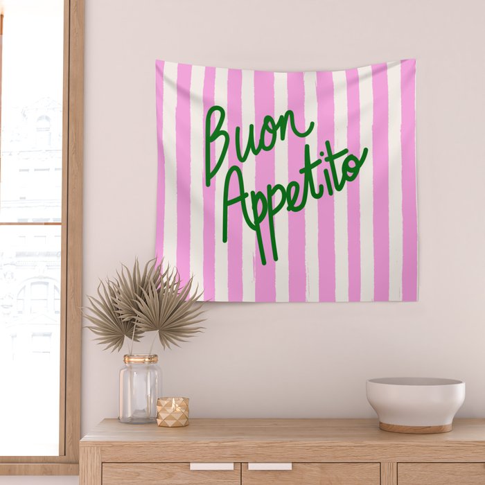 Buon Appetito Pink Groovy Stripes Minimalist Illustration Wall Tapestry Gallery Image 2