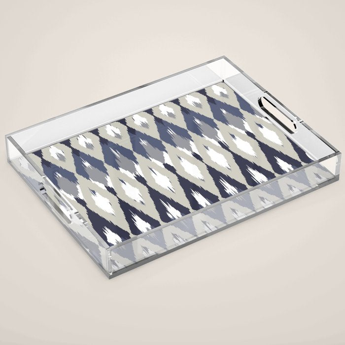 Festive, Boho Art, Geometric, Ikat Pattern, Blue and Gray Acrylic Tray Gallery Image 1
