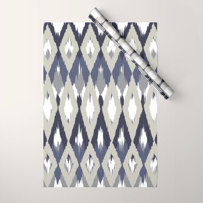 Festive, Boho Art, Geometric, Ikat Pattern, Blue and Gray Wrapping Paper Gallery Image 1