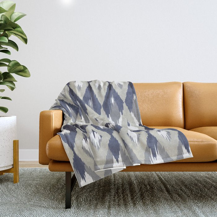 Festive, Boho Art, Geometric, Ikat Pattern, Blue and Gray Throw Blanket Gallery Image 1