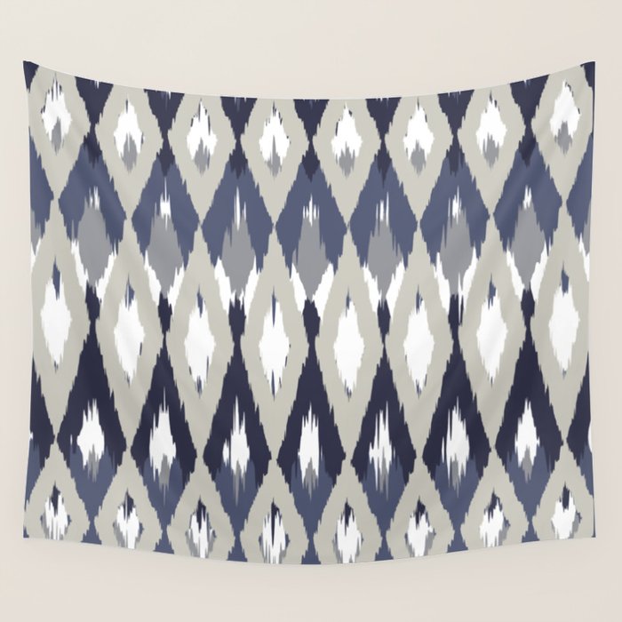Festive, Boho Art, Geometric, Ikat Pattern, Blue and Gray Wall Tapestry Gallery Image 4