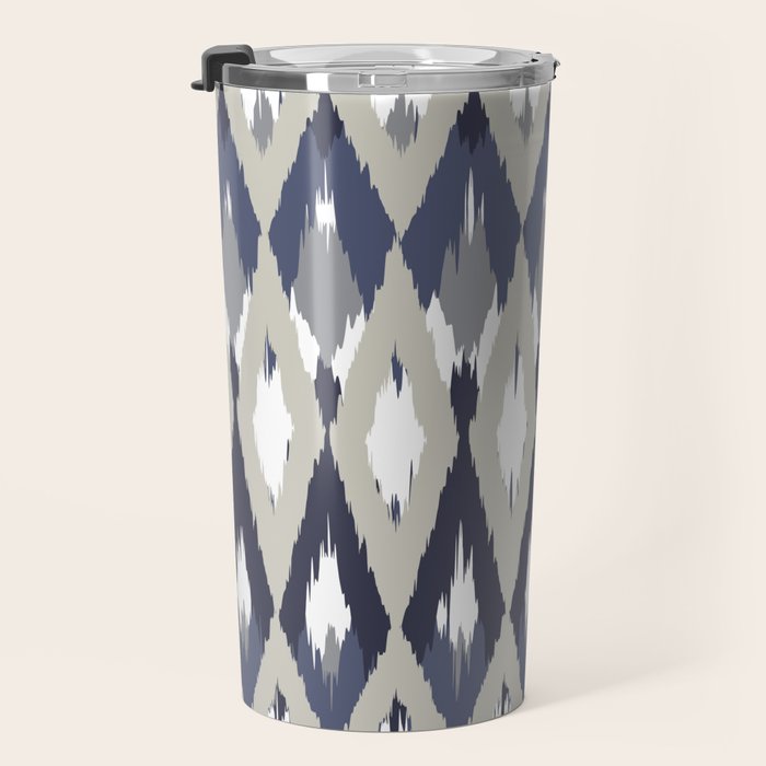 Festive, Boho Art, Geometric, Ikat Pattern, Blue and Gray Travel Mug Gallery Image 3