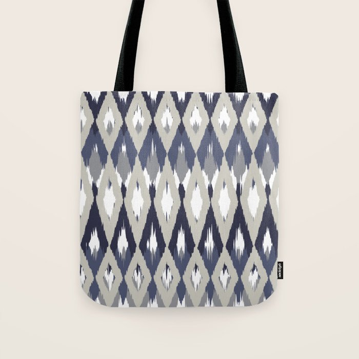 Festive, Boho Art, Geometric, Ikat Pattern, Blue and Gray Tote Bag Gallery Image 1