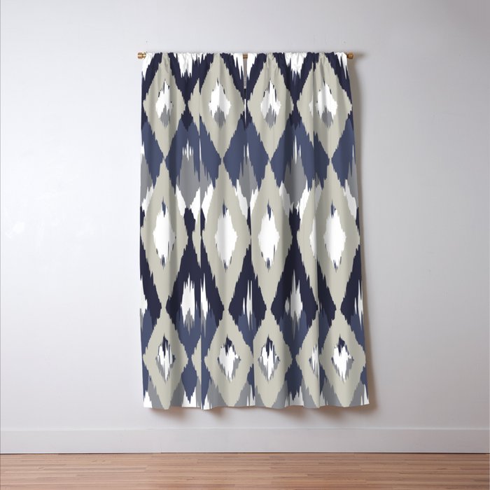 Festive, Boho Art, Geometric, Ikat Pattern, Blue and Gray Window Curtain Gallery Image 3