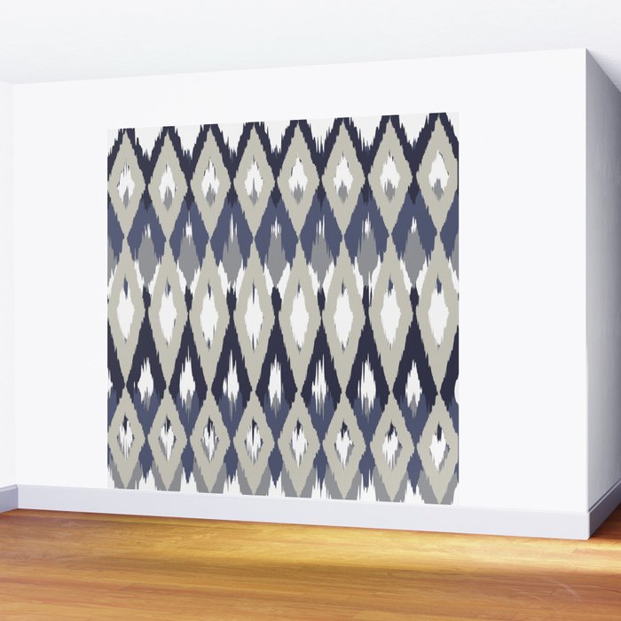 Festive, Boho Art, Geometric, Ikat Pattern, Blue and Gray Wall Mural Gallery Image 2